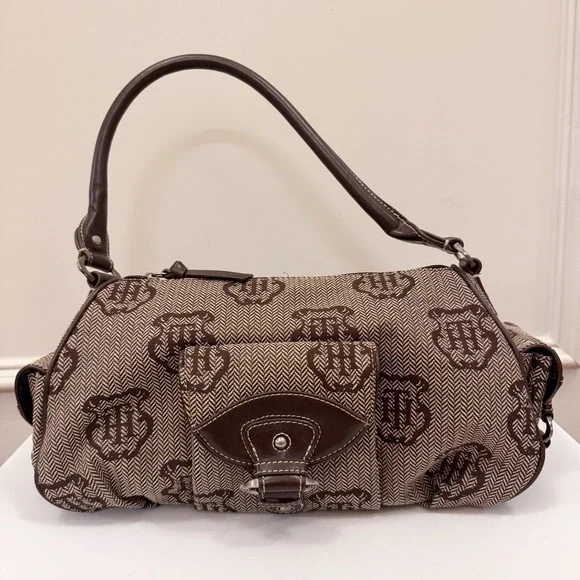 Vtg Y2K Tommy Hilfiger Logo Brown Purse Shoulder Bag Fall Herringbone EUC - Picture 1 of 10